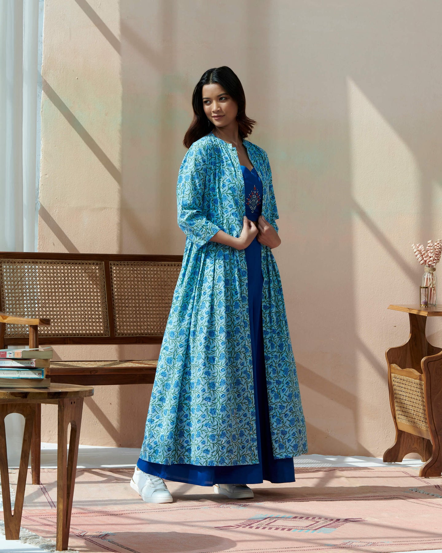 Hand Block Kalamkari Printed Jacket With Rayon Pleated Stylish Loose Pant Top With Hand Emb